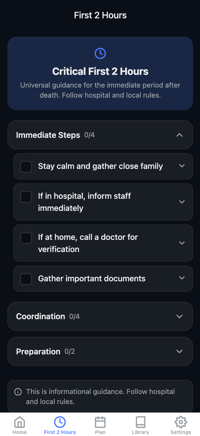 First 2 Hours checklist screen